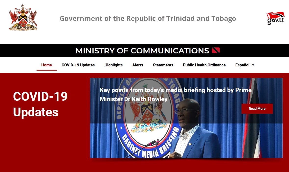 Webpage is mainly a red and white background with black and white text, and images of the national flag and coat of arms for the Republic of Trinidad and Tobago.