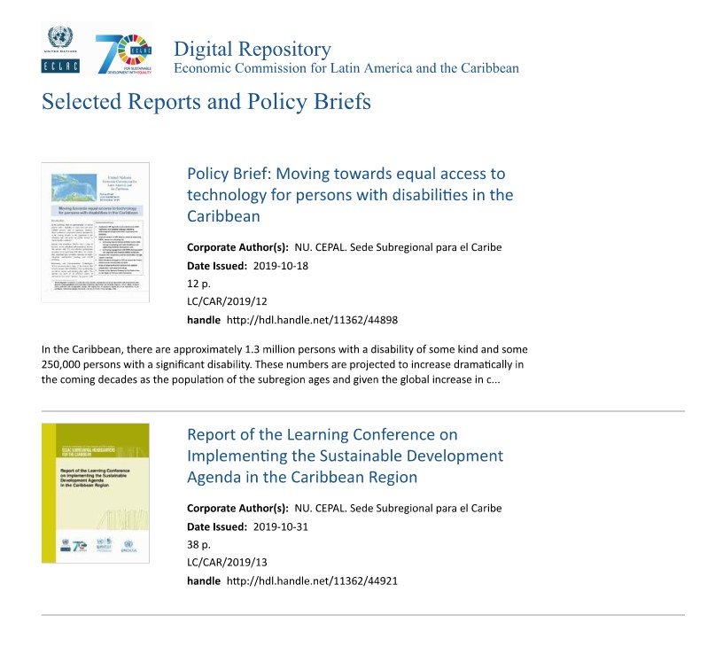ECLAC Caribbean Selected Reports and Policy Briefs