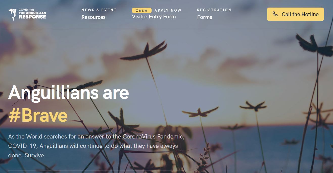 The logo for Covid-19:The Anguillan response appears on the top left hand corner with text options along the banner in white and black and highlighted in orange and includes a background image of a sunset with text in white and yellow