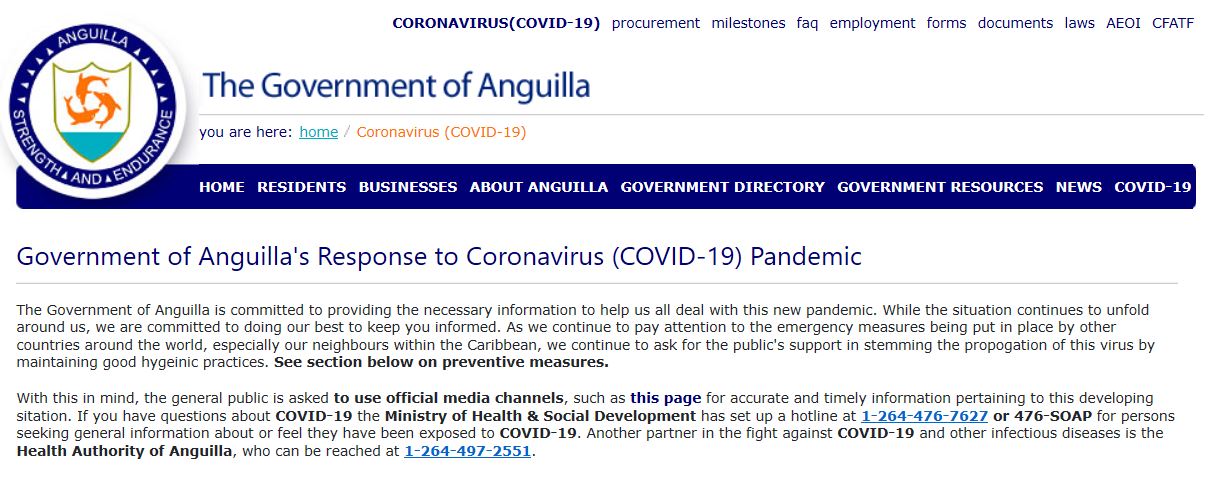 The logo of Anguilla appears on the top right of the page with a banner of options with text in blue, black and red and the body consists of text headings in blue and text body in black