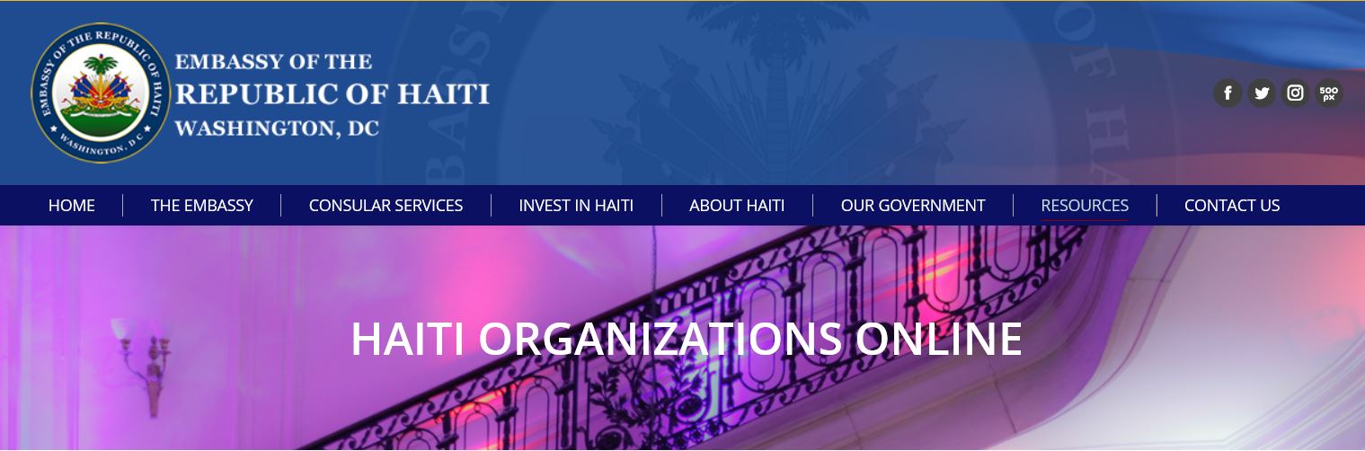 The Haitian Embassy logo appears on the top right hand corner of the banner and an image of stairs stretches across the screen with white text in the centre