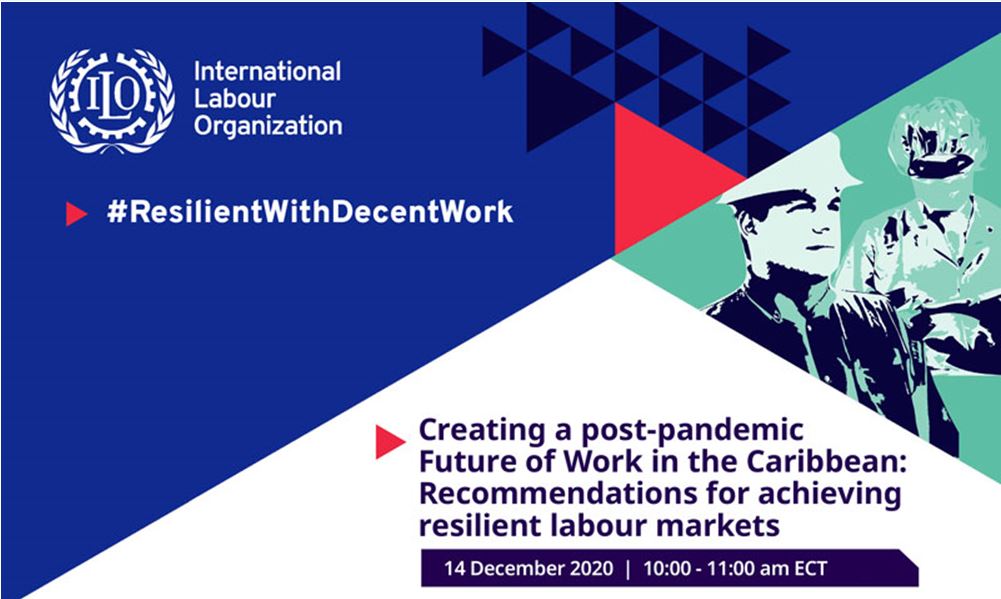 The flyer for this event has three different sections; one with a blue background containing the ILO logo in the top left hand corner; one with a white background containing the title in the bottom and one with an image of a worker