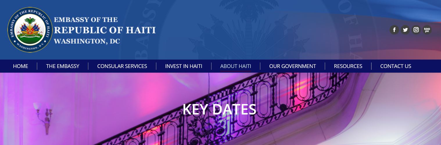 The Haitian Embassy logo appears on the top right hand corner of the banner and an image of stairs stretches across the screen with white text in the centre