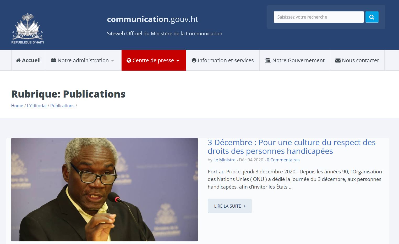 Le logo de la Republique d'Haiti apparaît sur le bandeau de la page web et sur la page il y a des fenêtres des images et du texte