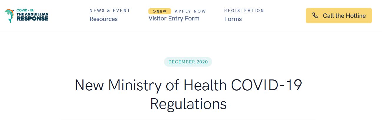 The logo for Covid-19:The Anguillan response appears on the top left hand corner with text options along the banner in white and black and highlighted in orange and includes a background image of a sunset with text in white and yellow