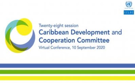 Banner of the 28th CDCC meeting with blue and white ECLAC logo over three lines in blue, green and yellow.