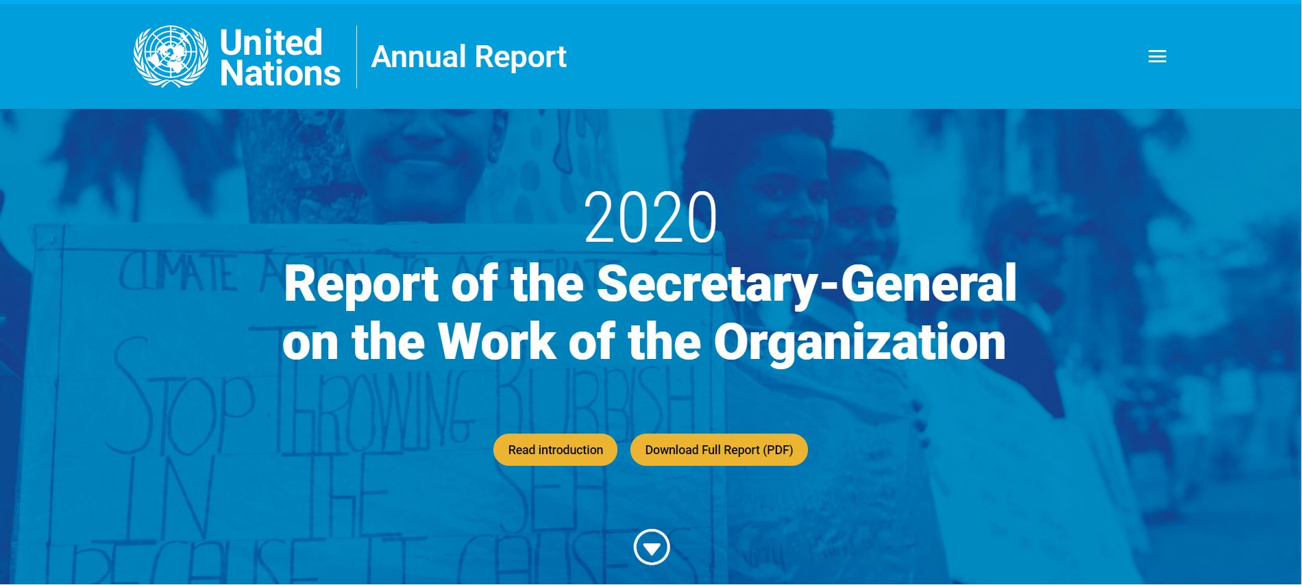 This webpage is blue with white text and highlighted buttons in yellow and contains the UN logo on the top left hand corner