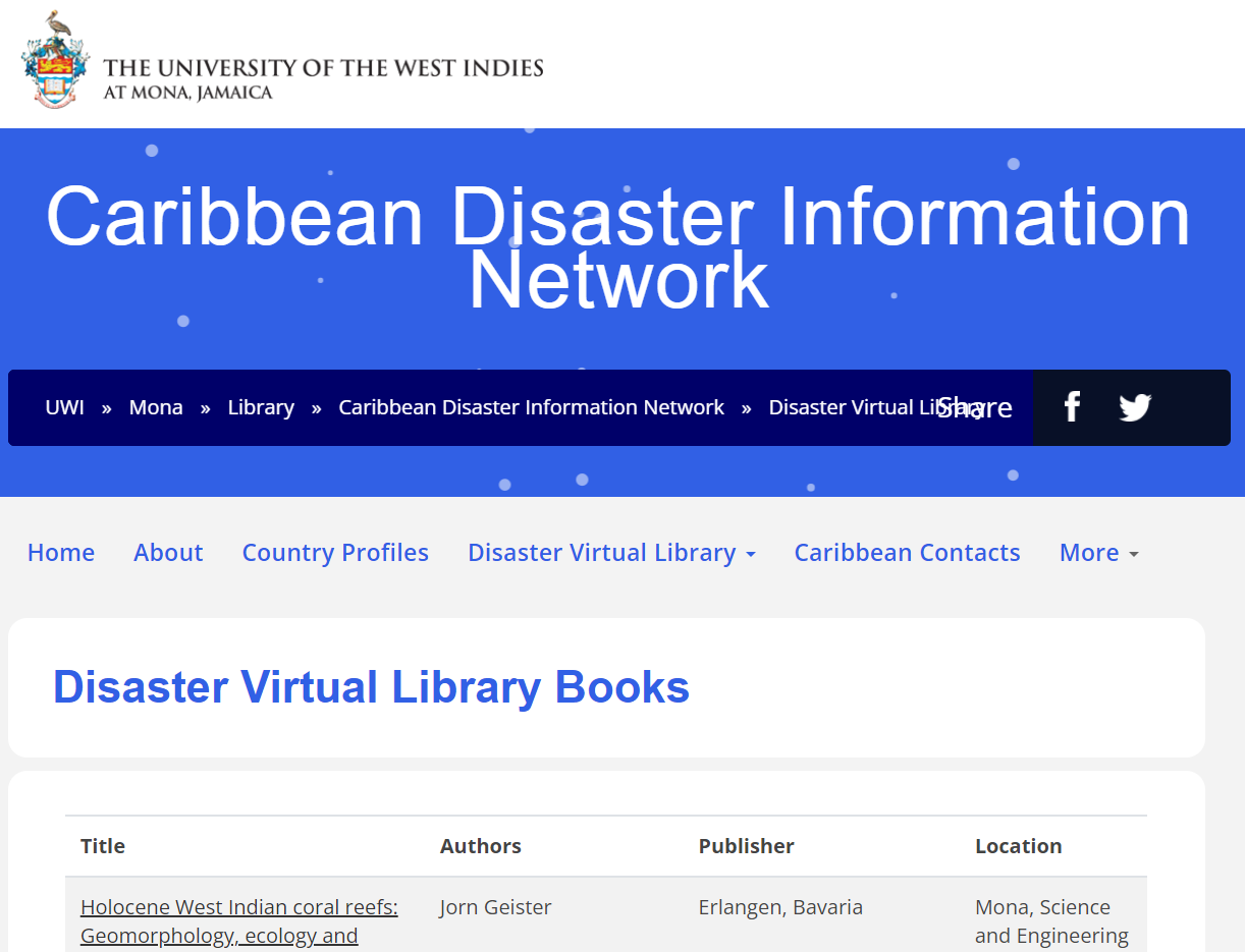 This webpage contains the header of the UWI, Mona Campus and the CARDIN banner in blue, the virtual library entries are below in table form in black text with headings such as title, authors, publisher and location