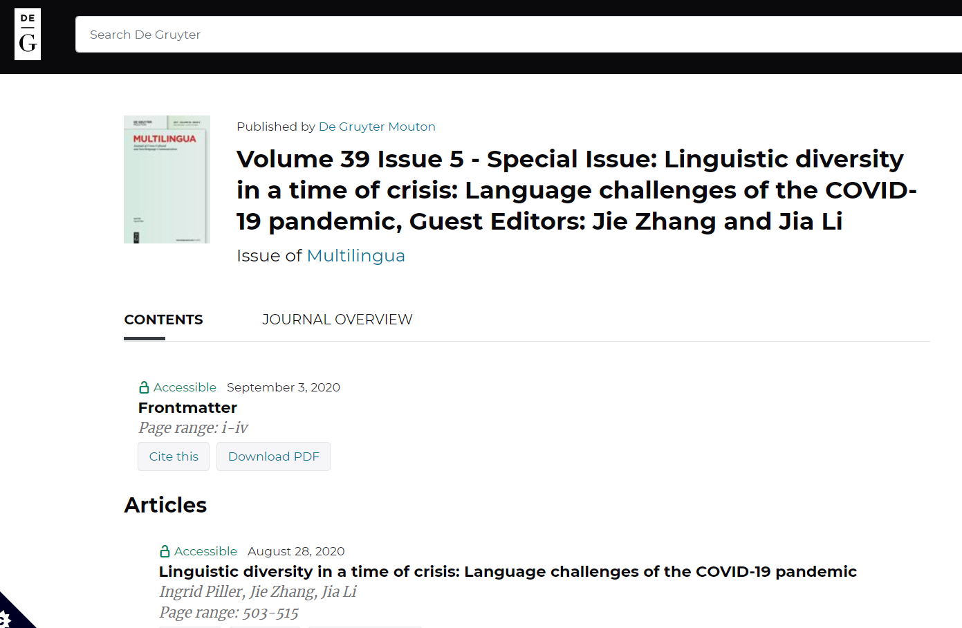 This webpage has a top banner with De Gruyer's logo and a search bar and shows the cover of the article under with the title in bold black text next to it and all other text in black on the rest of the page