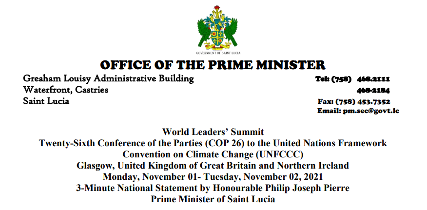 This speech is transcribed with black text on a white page with the national logo of Saint Lucia in the centre of the letterhead