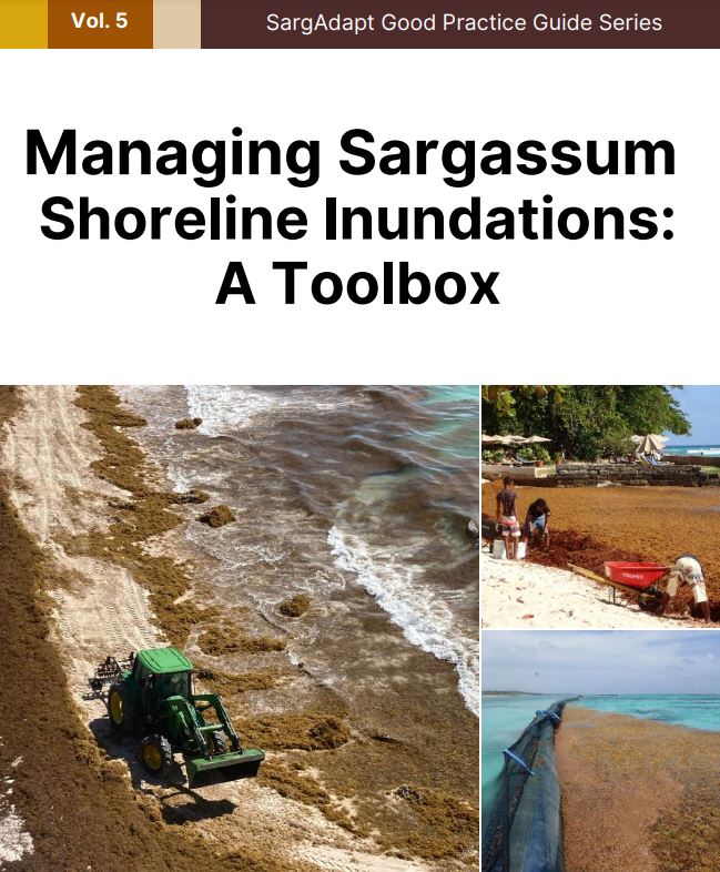 The cover of this issue shows three pictures of sargassum filled shores as well as a thin header for the volume number and the series title under which you can find the title in black bolded text in a white text box