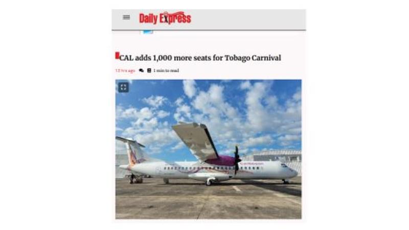 Screenshot of news headline from "Trinidad Express": CAL adds 1,000 more seats for Tobago Carnival