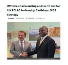 Screenshot of news headline from "Caribbean News Global": BVI vice chairmanship ends with call for UN ECLAC to develop Caribbean SIDS strategy